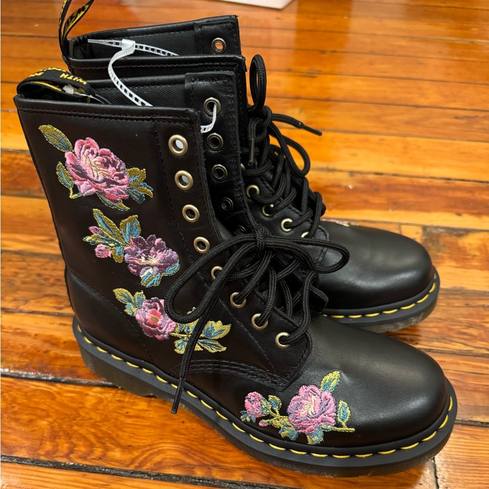 Dr. Martens Black Boots with Pink Floral Embroidery
